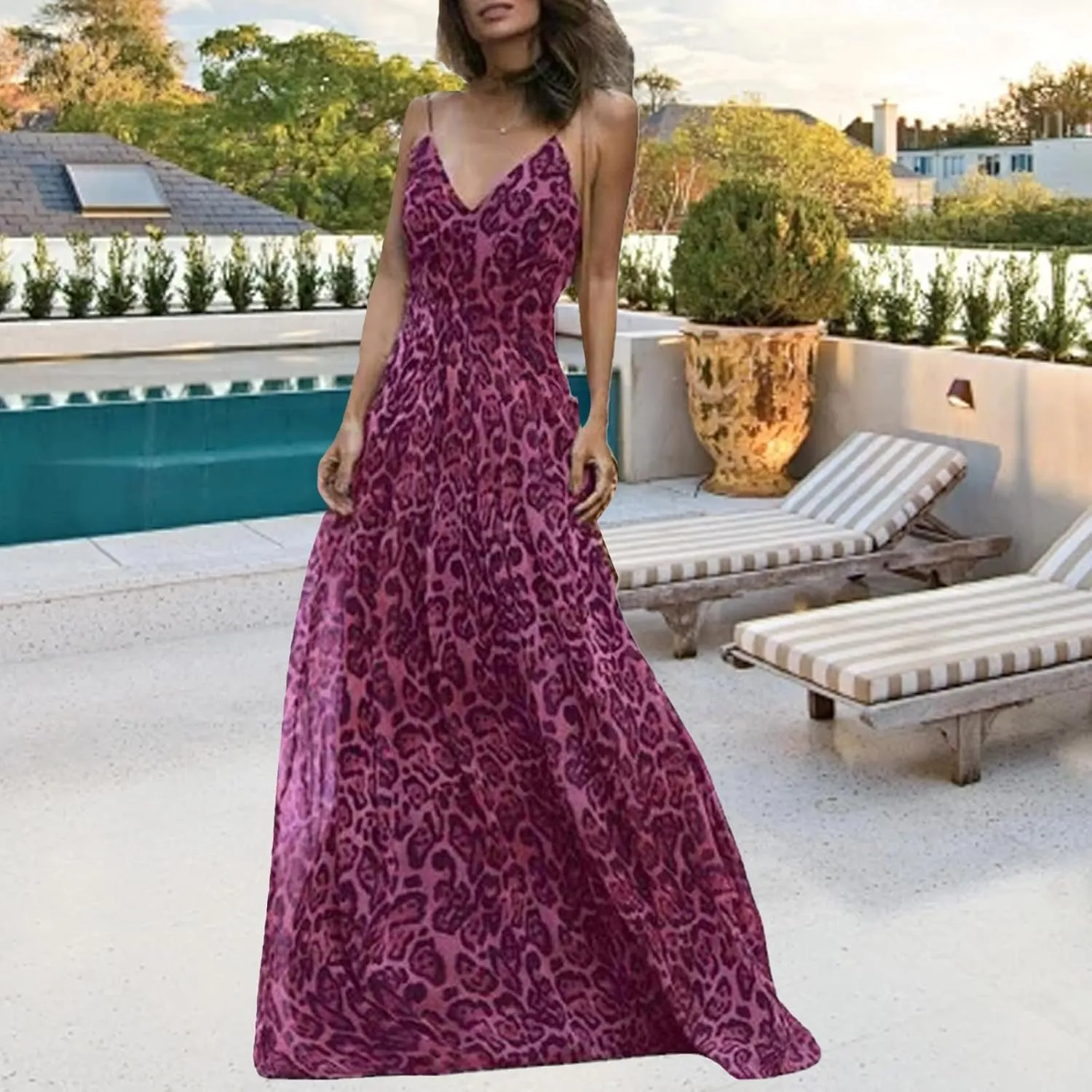 Summer Dresses for Women 2025 Elegant Leopard Maxi Dresses Spaghetti Strap V Neck Dress Summer Backless Sexy Dress