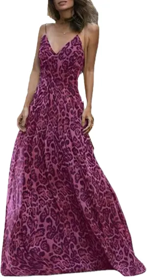 Summer Dresses for Women 2025 Elegant Leopard Maxi Dresses Spaghetti Strap V Neck Dress Summer Backless Sexy Dress