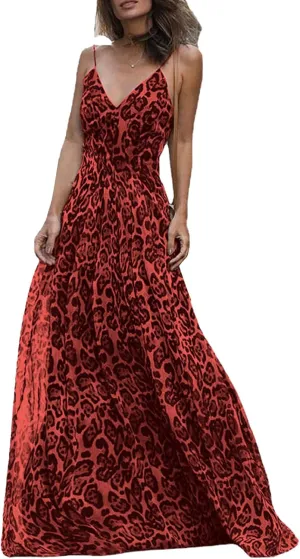 Summer Dresses for Women 2025 Elegant Leopard Maxi Dresses Spaghetti Strap V Neck Dress Summer Backless Sexy Dress