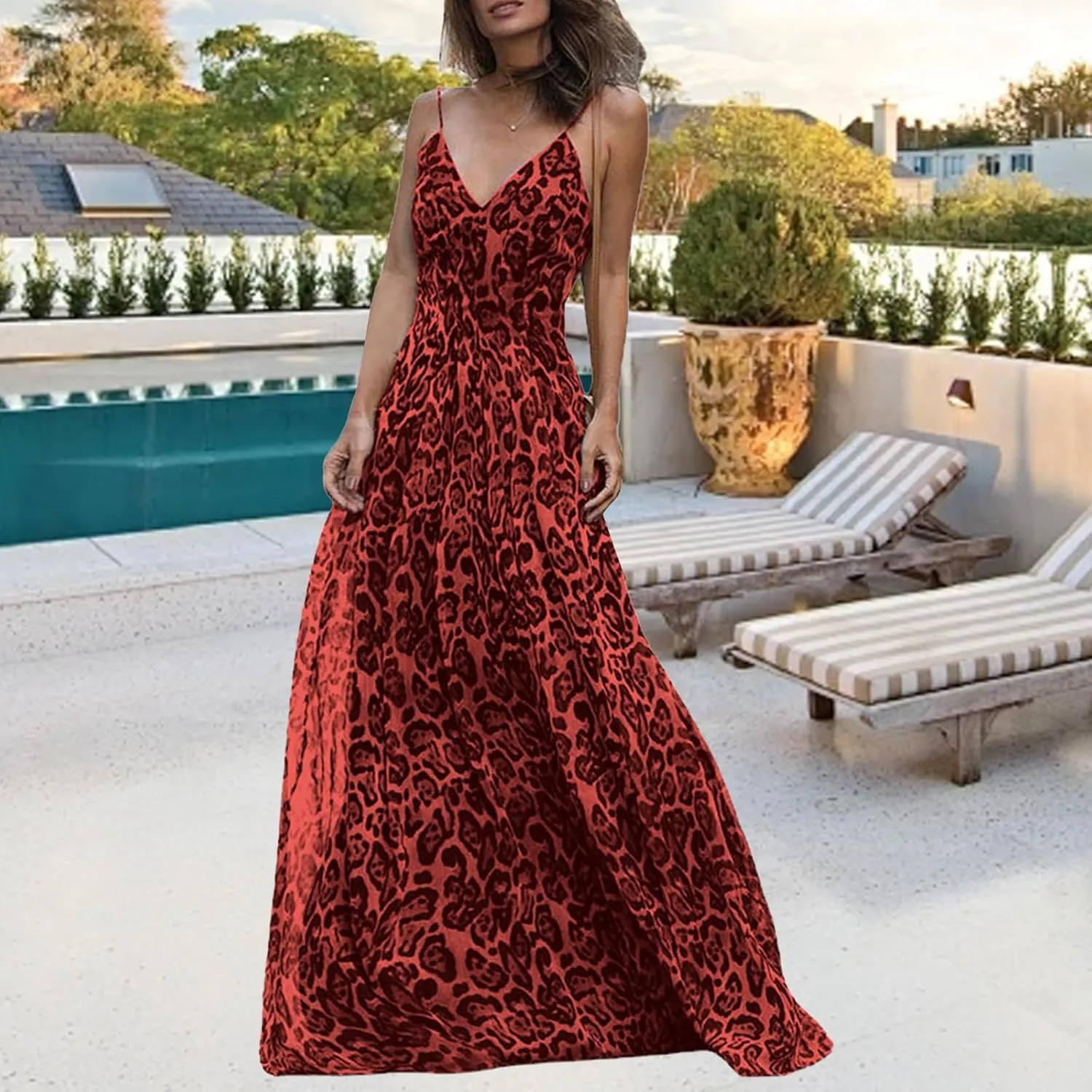 Summer Dresses for Women 2025 Elegant Leopard Maxi Dresses Spaghetti Strap V Neck Dress Summer Backless Sexy Dress