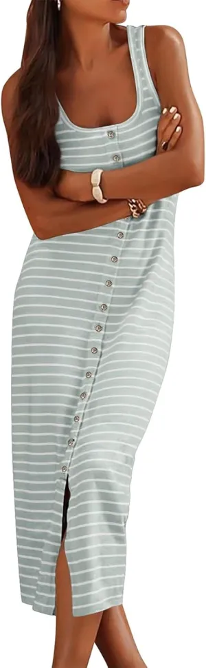 Summer Dresses for Women 2025 Striped Sleeveless U Neck Button Down Maxi Dress Slim Fit Split Sundress