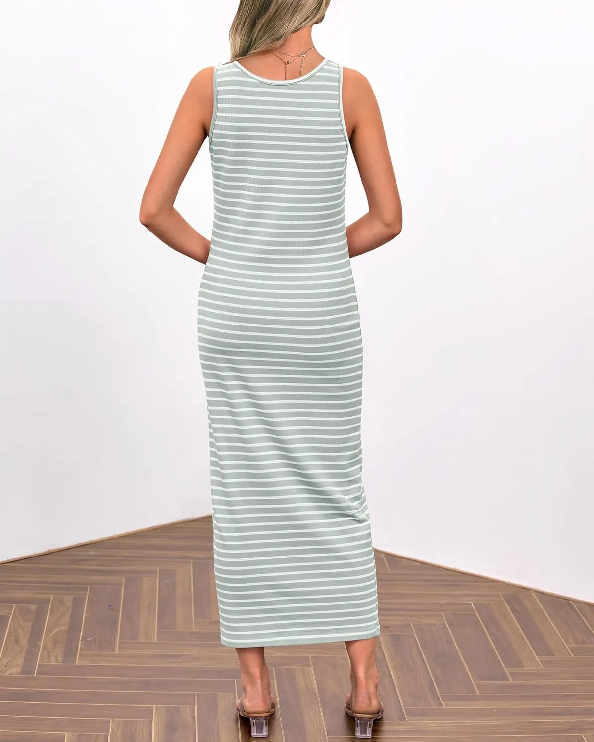 Summer Dresses for Women 2025 Striped Sleeveless U Neck Button Down Maxi Dress Slim Fit Split Sundress