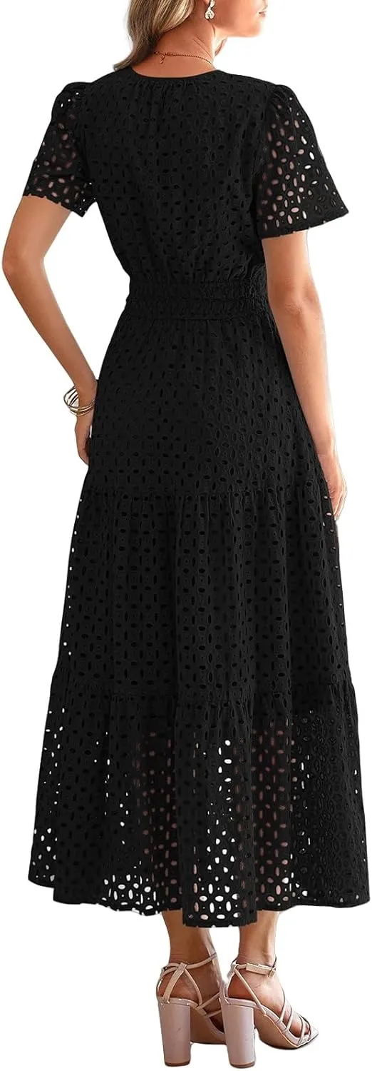 Summer Dresses for Women Hollow V Neck Short Sleeve Maxi Dresses High Waist Loose Fit Casual Ruffle Sundress 2025