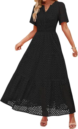 Summer Dresses for Women Hollow V Neck Short Sleeve Maxi Dresses High Waist Loose Fit Casual Ruffle Sundress 2025