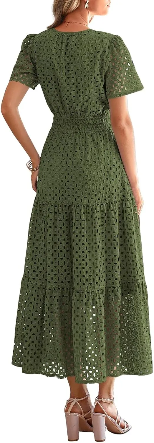 Summer Dresses for Women Hollow V Neck Short Sleeve Maxi Dresses High Waist Loose Fit Casual Ruffle Sundress 2025