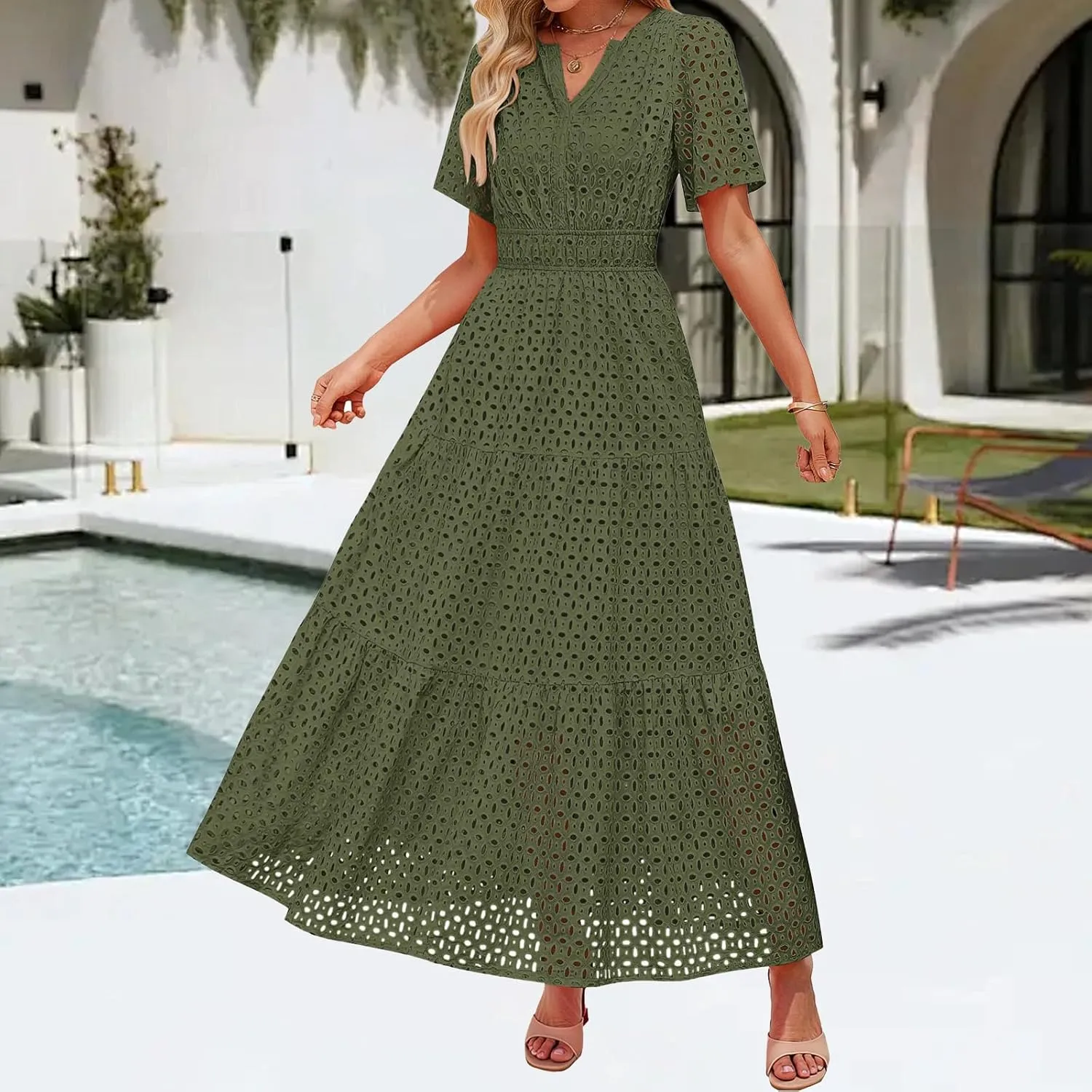 Summer Dresses for Women Hollow V Neck Short Sleeve Maxi Dresses High Waist Loose Fit Casual Ruffle Sundress 2025