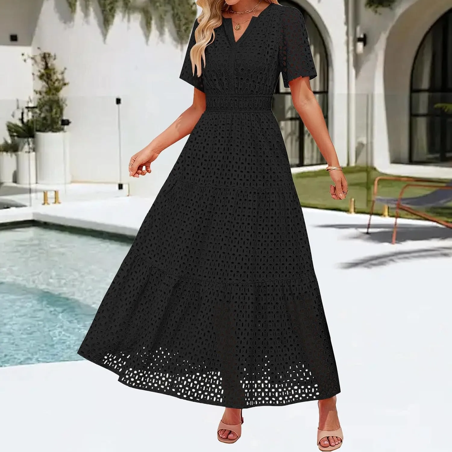 Summer Dresses for Women Hollow V Neck Short Sleeve Maxi Dresses High Waist Loose Fit Casual Ruffle Sundress 2025
