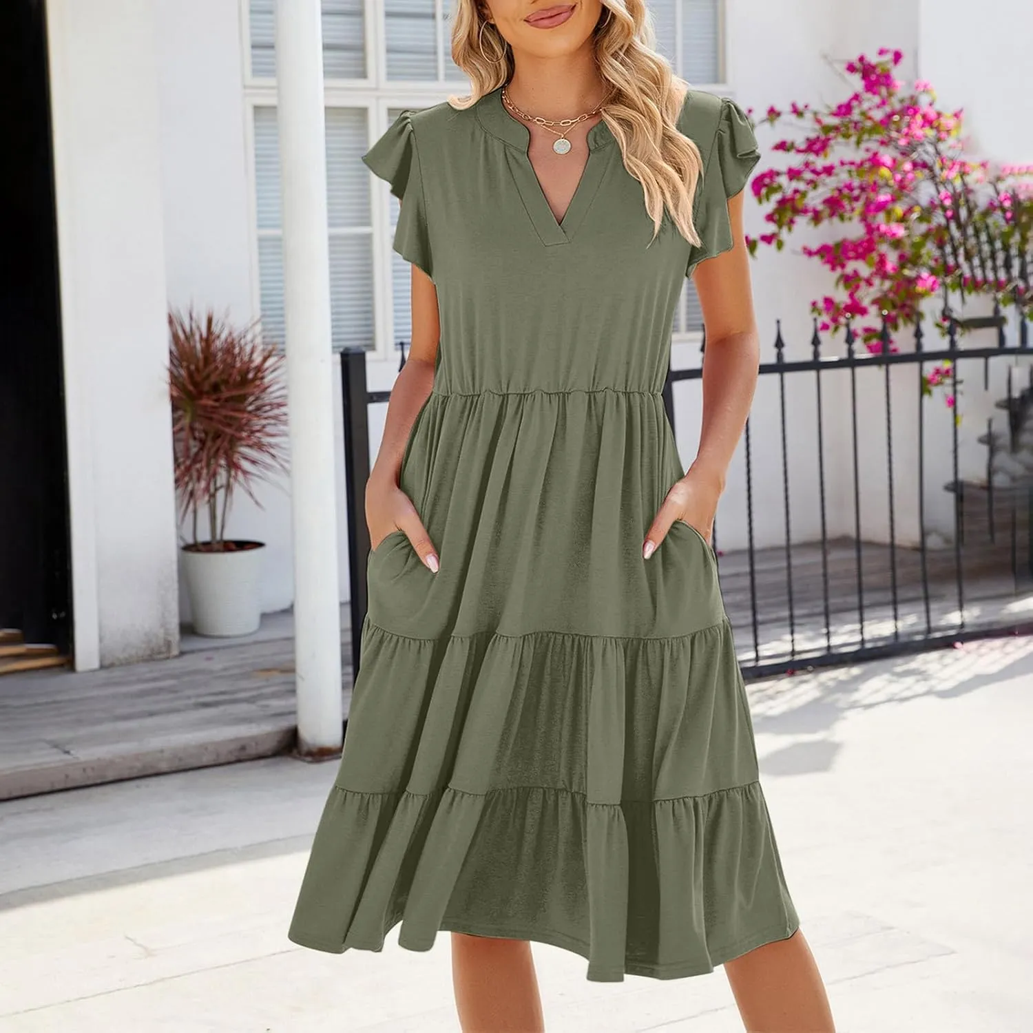 Summer Midi Dresses for Women Ruffle Cap Sleeve V Neck Boho Beach Dress Casual Flowy Tiered Pleated Sundress