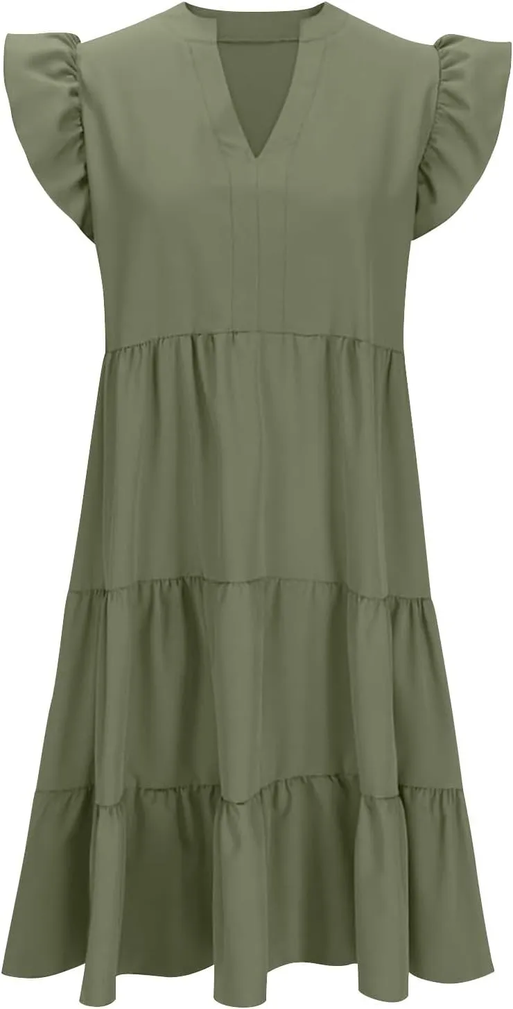 Summer Midi Dresses for Women Ruffle Cap Sleeve V Neck Boho Beach Dress Casual Flowy Tiered Pleated Sundress