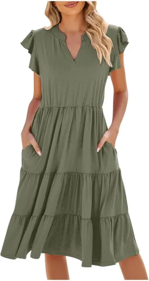 Summer Midi Dresses for Women Ruffle Cap Sleeve V Neck Boho Beach Dress Casual Flowy Tiered Pleated Sundress