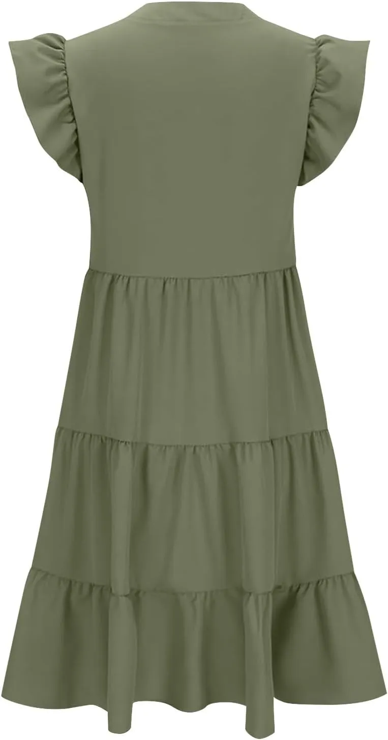Summer Midi Dresses for Women Ruffle Cap Sleeve V Neck Boho Beach Dress Casual Flowy Tiered Pleated Sundress