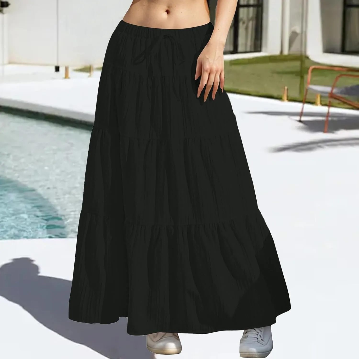 Summer Skirts for Women Y2K Cute A Line Tiered Ruffle Skirt Boho Drawstring Elastic Waist A-Line Maxi Skirt
