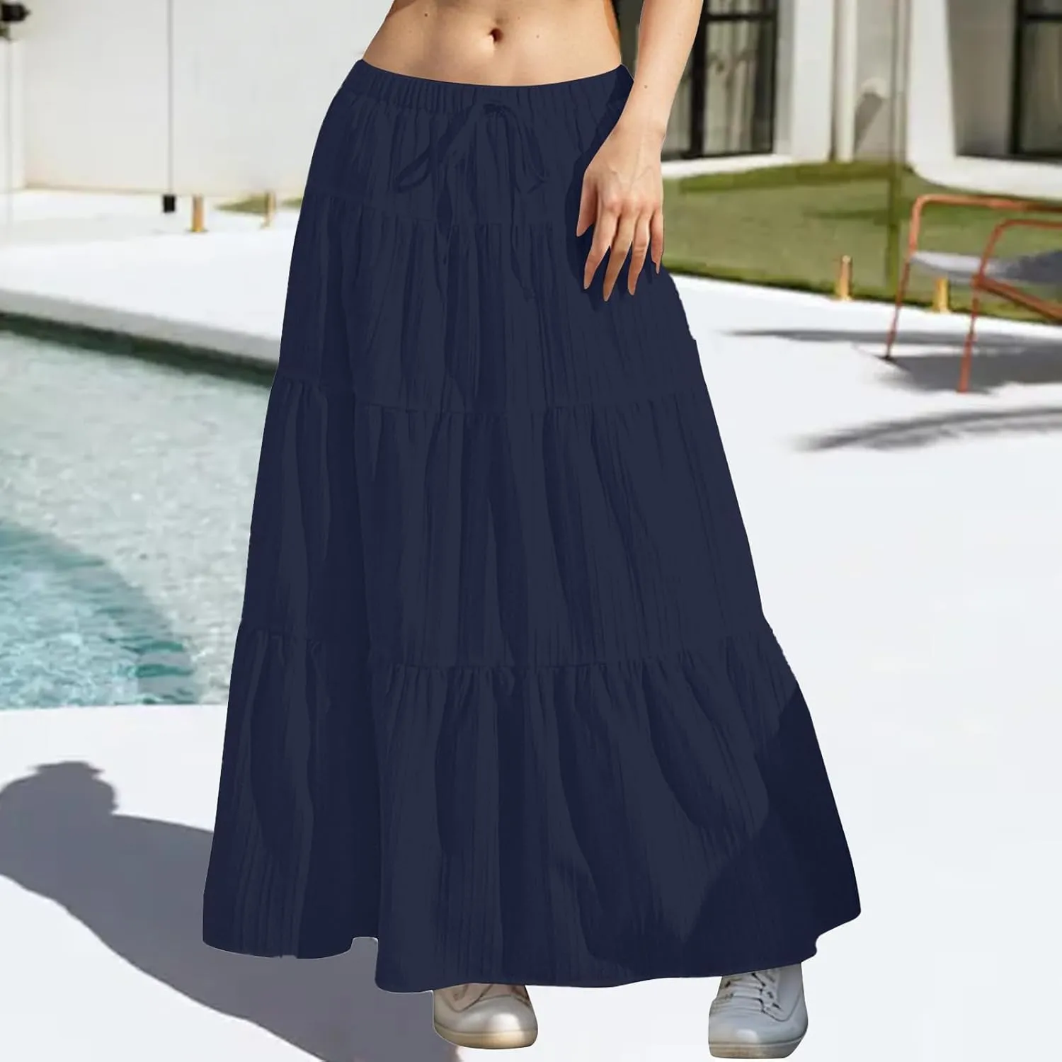 Summer Skirts for Women Y2K Cute A Line Tiered Ruffle Skirt Boho Drawstring Elastic Waist A-Line Maxi Skirt