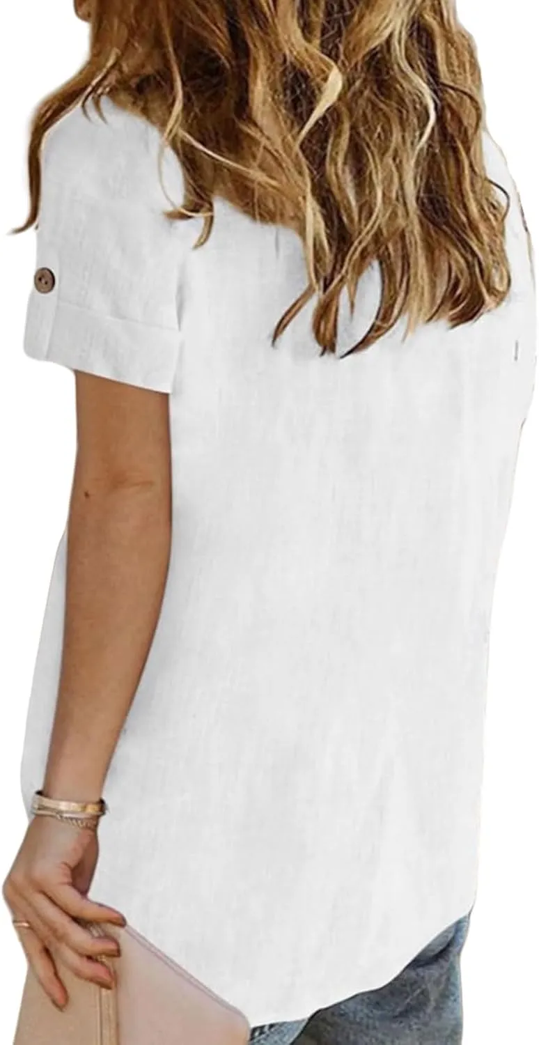 Summer Tops for Women Casual Button Down Linen Tops Fashion V Neck Short Sleeve Shirts Loose Fit Office Work Tees Shirt