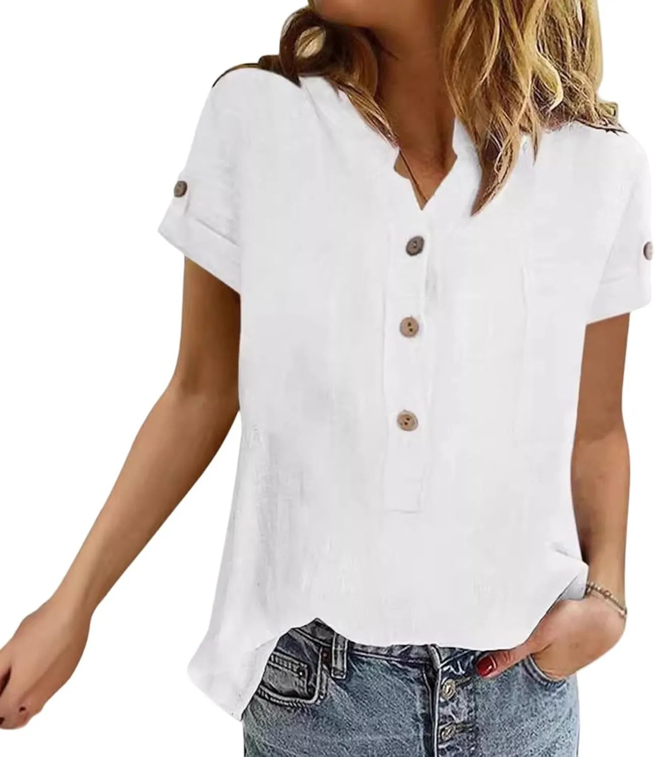 Summer Tops for Women Casual Button Down Linen Tops Fashion V Neck Short Sleeve Shirts Loose Fit Office Work Tees Shirt