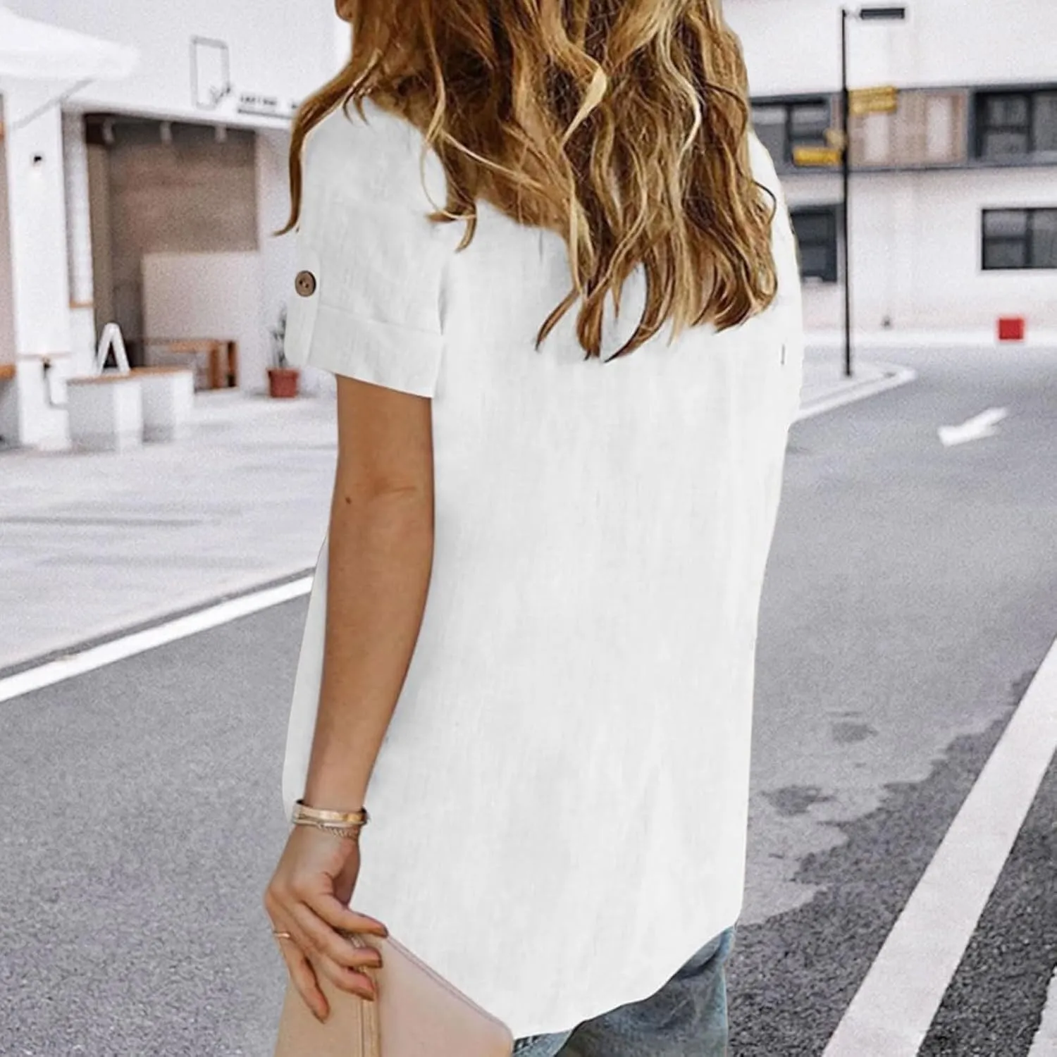 Summer Tops for Women Casual Button Down Linen Tops Fashion V Neck Short Sleeve Shirts Loose Fit Office Work Tees Shirt