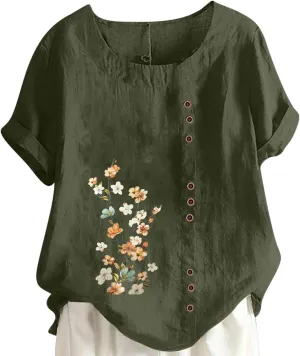 Summer Women Cotton Linen T-Shirt Casual Floral Pattern Blouses Tops Short Sleeve Crewneck Loose Tunic Comfy Soft Tees