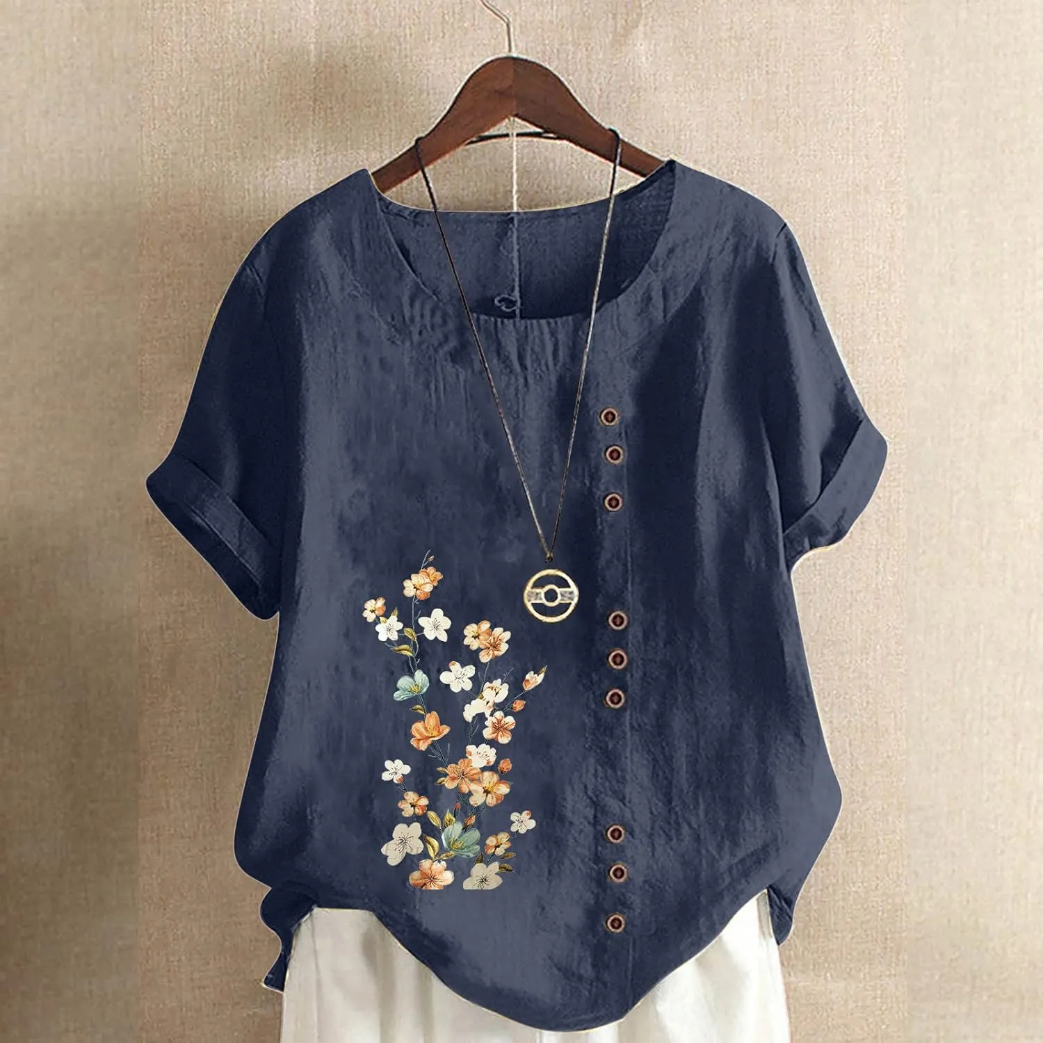 Summer Women Cotton Linen T-Shirt Casual Floral Pattern Blouses Tops Short Sleeve Crewneck Loose Tunic Comfy Soft Tees