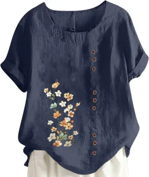 Summer Women Cotton Linen T-Shirt Casual Floral Pattern Blouses Tops Short Sleeve Crewneck Loose Tunic Comfy Soft Tees