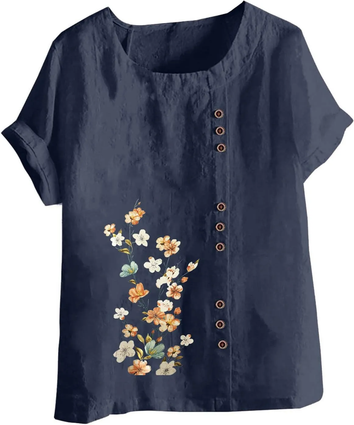 Summer Women Cotton Linen T-Shirt Casual Floral Pattern Blouses Tops Short Sleeve Crewneck Loose Tunic Comfy Soft Tees