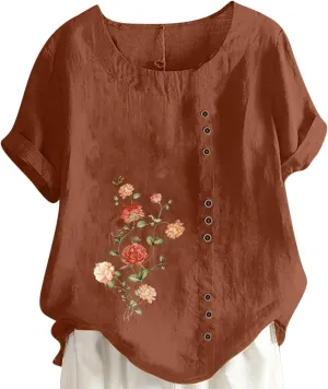 Summer Women Cotton Linen T-Shirts Casual Retro Flower Print Blouses Top Short Sleeve Crewneck Loose Tunic Comfy Soft Tee
