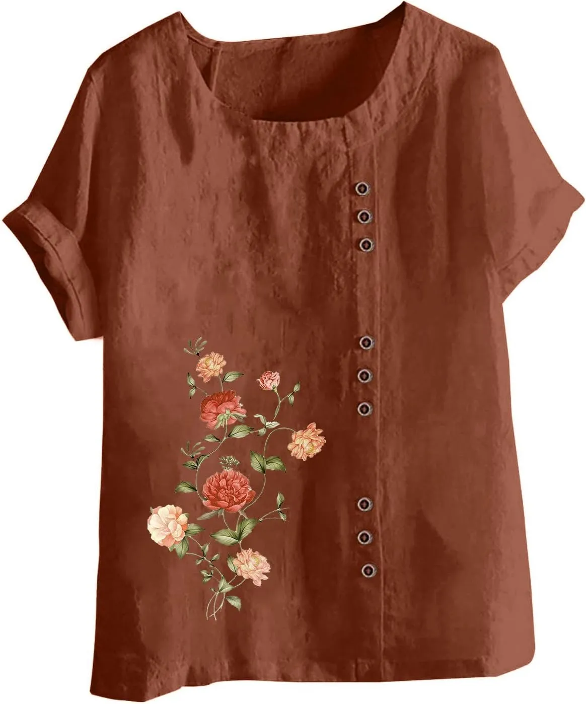 Summer Women Cotton Linen T-Shirts Casual Retro Flower Print Blouses Top Short Sleeve Crewneck Loose Tunic Comfy Soft Tee