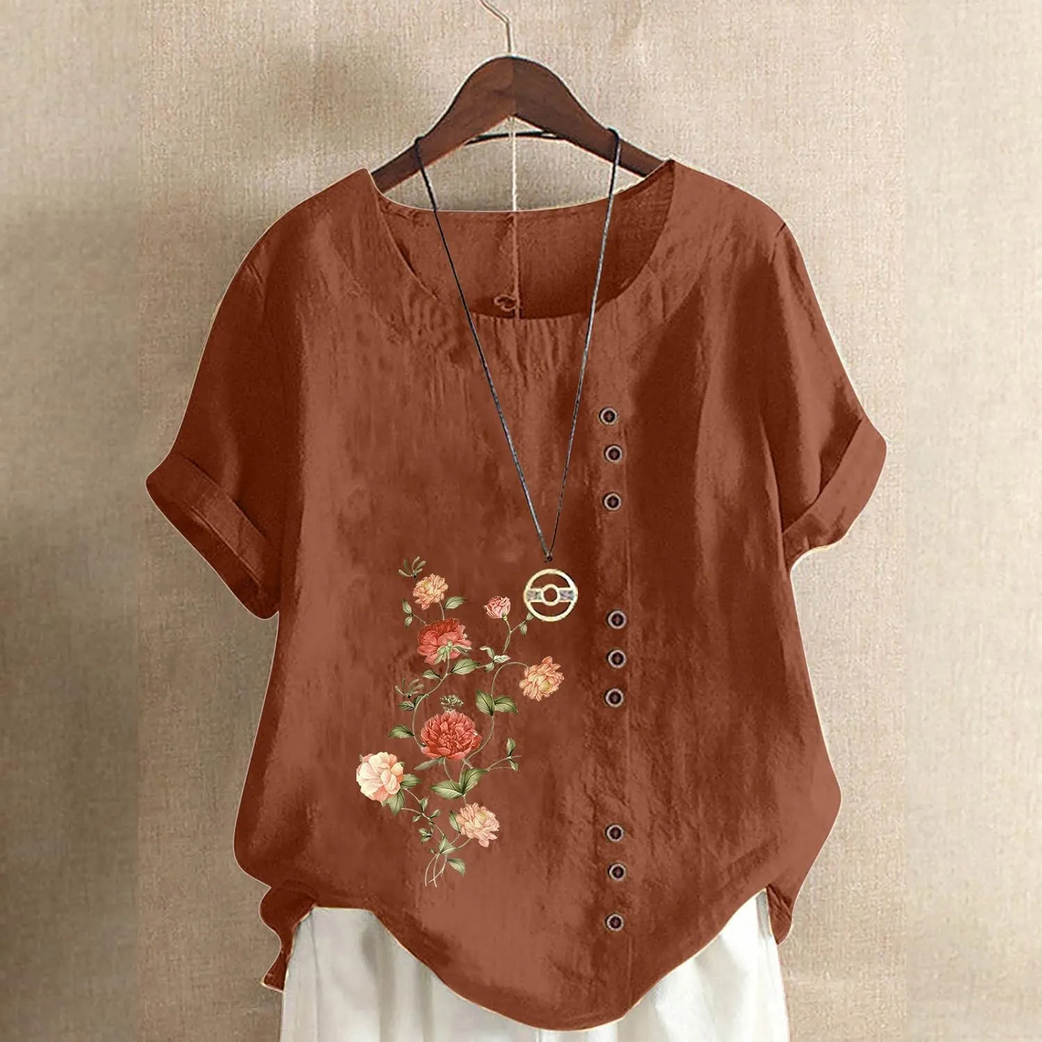 Summer Women Cotton Linen T-Shirts Casual Retro Flower Print Blouses Top Short Sleeve Crewneck Loose Tunic Comfy Soft Tee
