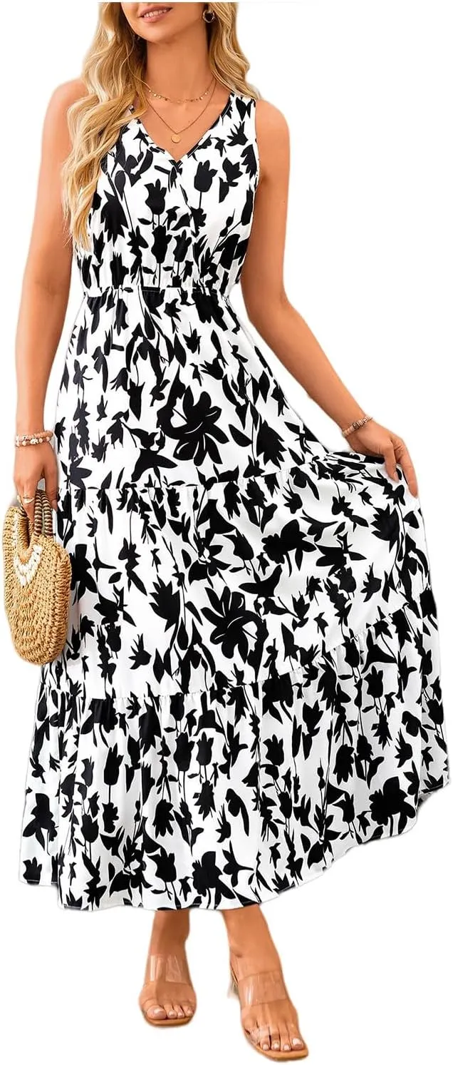 Summer Womens Dresses Sleeveless V Neck Elastic Waist Maxi Dress Floral Ruffle Swing Sundress Wedding Guest Dresses