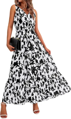 Summer Womens Dresses Sleeveless V Neck Elastic Waist Maxi Dress Floral Ruffle Swing Sundress Wedding Guest Dresses