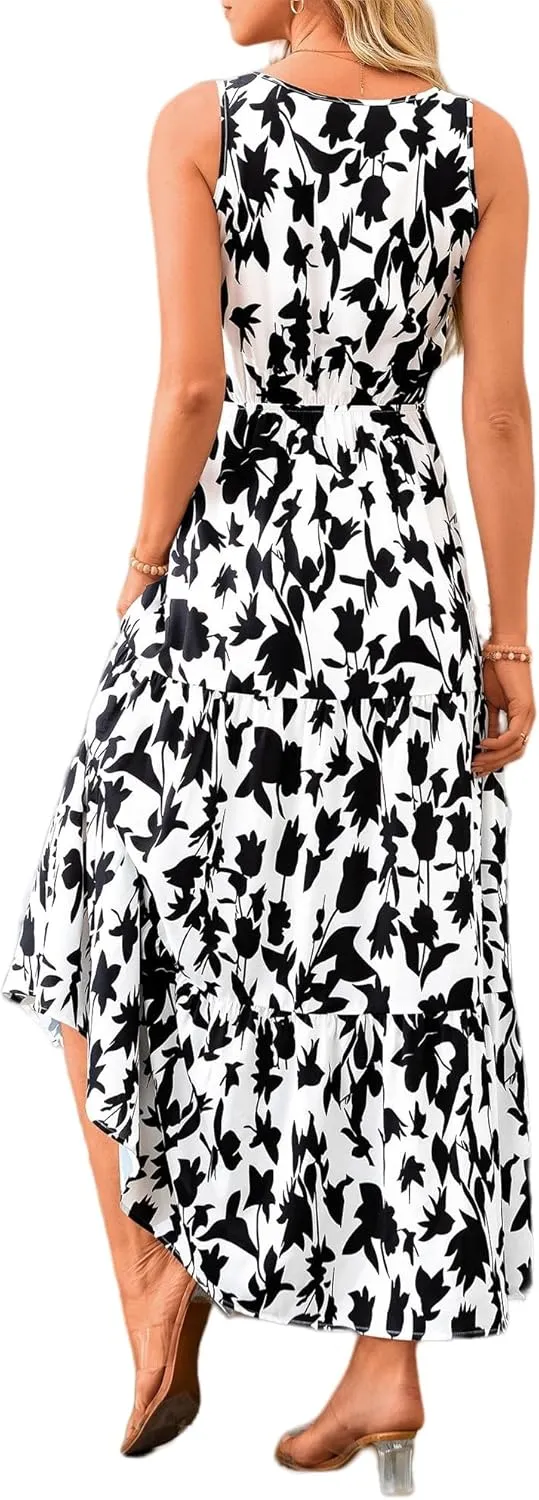 Summer Womens Dresses Sleeveless V Neck Elastic Waist Maxi Dress Floral Ruffle Swing Sundress Wedding Guest Dresses