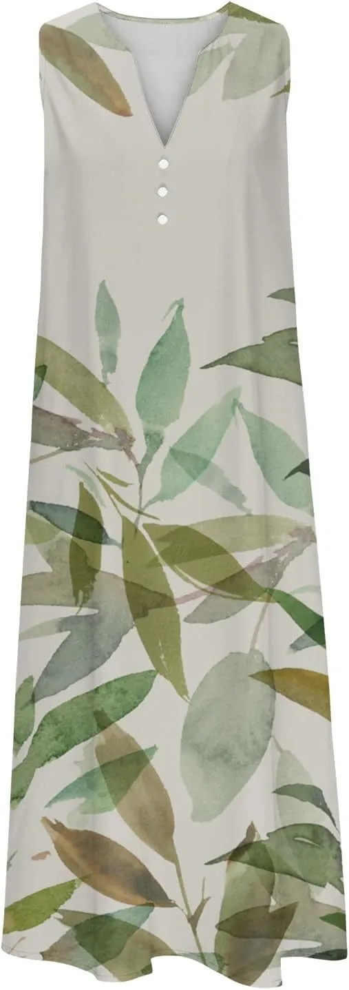 Sundresses for Women 2025 Fashion Boho Long Dress Boho Printing Sleeveless V Neck Maxi Travel Dresses with Pocktes