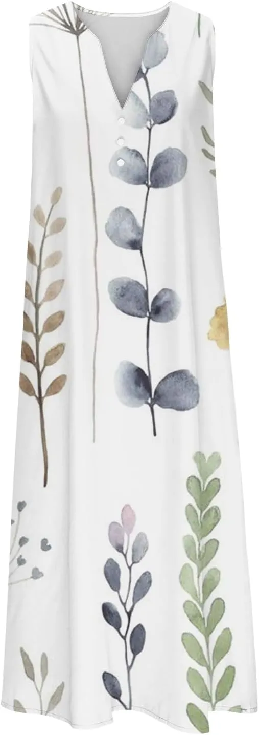 Sundresses for Women 2025 Fashion Boho Long Dress Boho Printing Sleeveless V Neck Maxi Travel Dresses with Pocktes