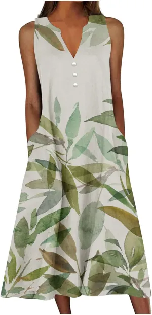 Sundresses for Women 2025 Fashion Boho Long Dress Boho Printing Sleeveless V Neck Maxi Travel Dresses with Pocktes