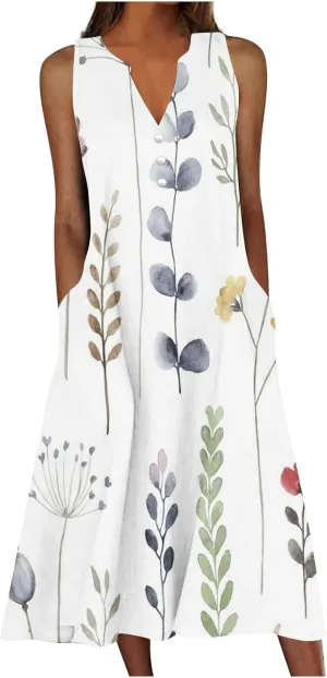 Sundresses for Women 2025 Fashion Boho Long Dress Boho Printing Sleeveless V Neck Maxi Travel Dresses with Pocktes