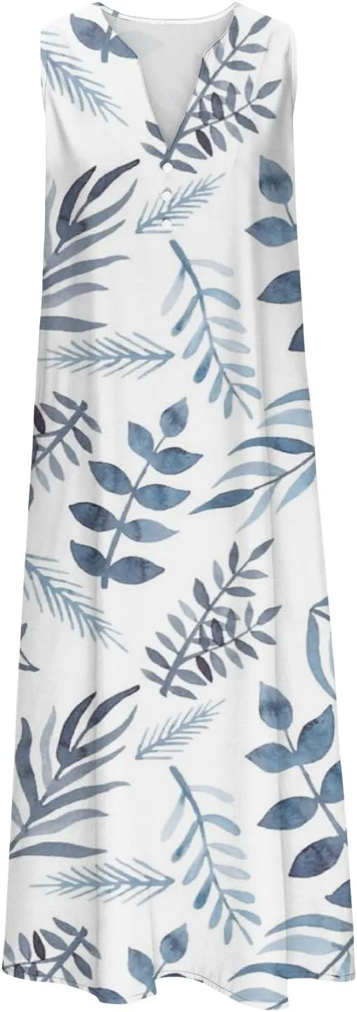 Sundresses for Women 2025 Fashion Boho Long Dress Boho Printing Sleeveless V Neck Maxi Travel Dresses with Pocktes