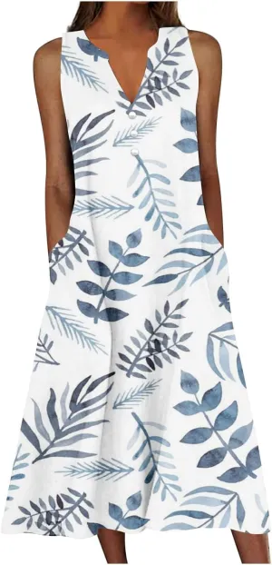 Sundresses for Women 2025 Fashion Boho Long Dress Boho Printing Sleeveless V Neck Maxi Travel Dresses with Pocktes