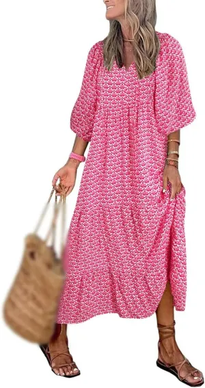 Sundresses for Women Boho Puff Sleeve V Neck Maxi Dress Loose Fit Casual Dresses Plus Size Fashion Trendy Dress 2025