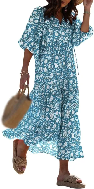 Sundresses for Women Boho Puff Sleeve V Neck Maxi Dress Loose Fit Casual Dresses Plus Size Fashion Trendy Dress 2025