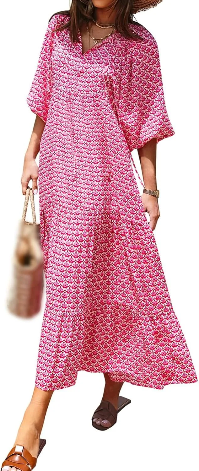 Sundresses for Women Boho Puff Sleeve V Neck Maxi Dress Loose Fit Casual Dresses Plus Size Fashion Trendy Dress 2025