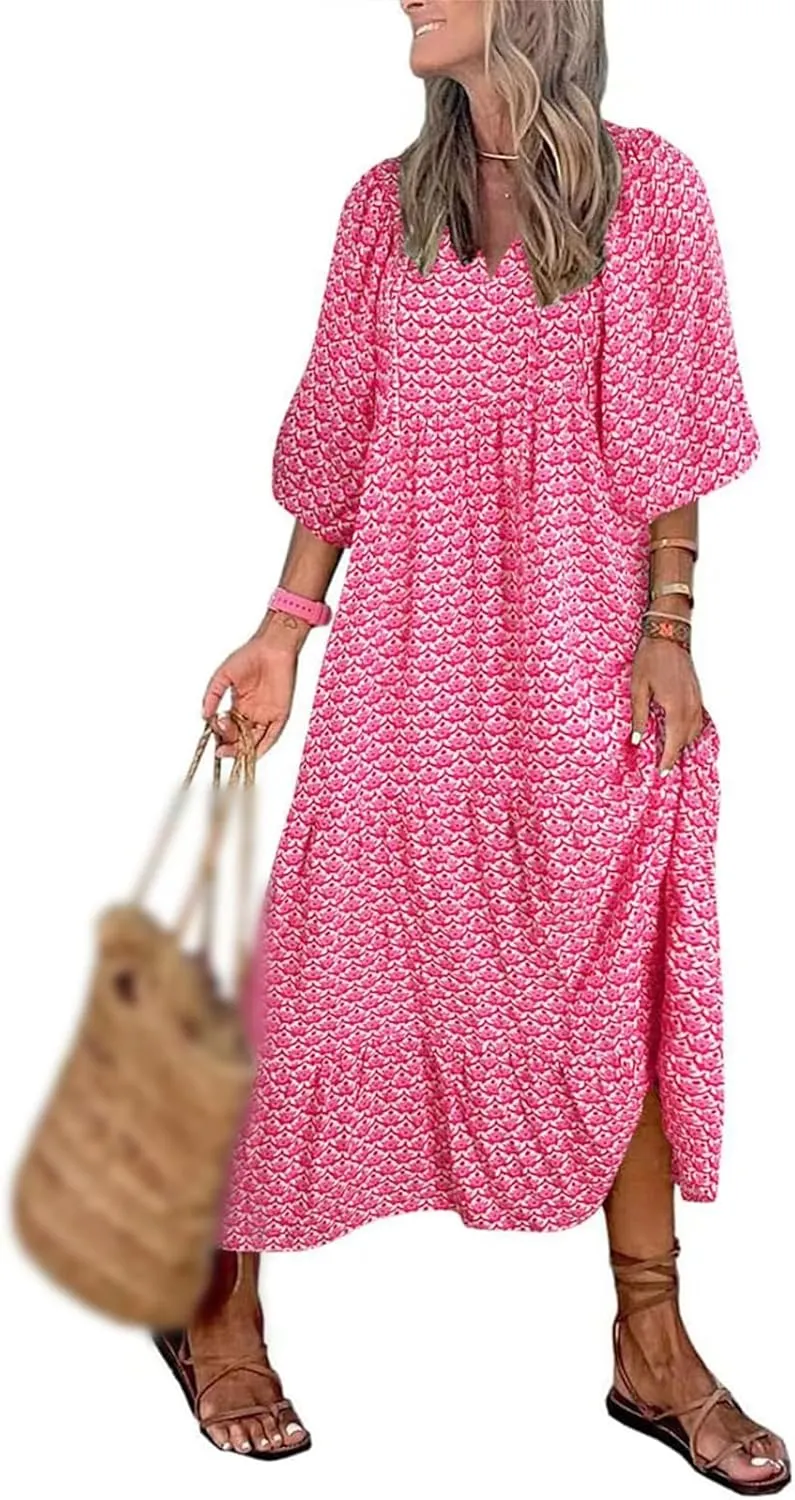 Sundresses for Women Boho Puff Sleeve V Neck Maxi Dress Loose Fit Casual Dresses Plus Size Fashion Trendy Dress 2025