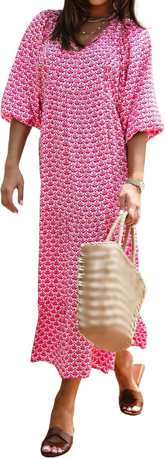 Sundresses for Women Boho Puff Sleeve V Neck Maxi Dress Loose Fit Casual Dresses Plus Size Fashion Trendy Dress 2025