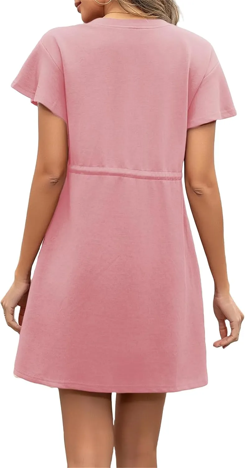 Sundresses for Women Crewneck Short Sleeve Mini Dresses Drawstring Waist Tunic Dress Casual Loose Fit Dress 2025