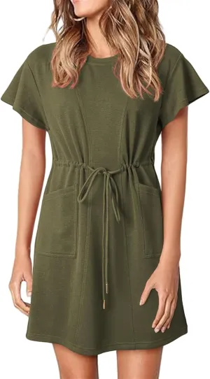 Sundresses for Women Crewneck Short Sleeve Mini Dresses Drawstring Waist Tunic Dress Casual Loose Fit Dress 2025