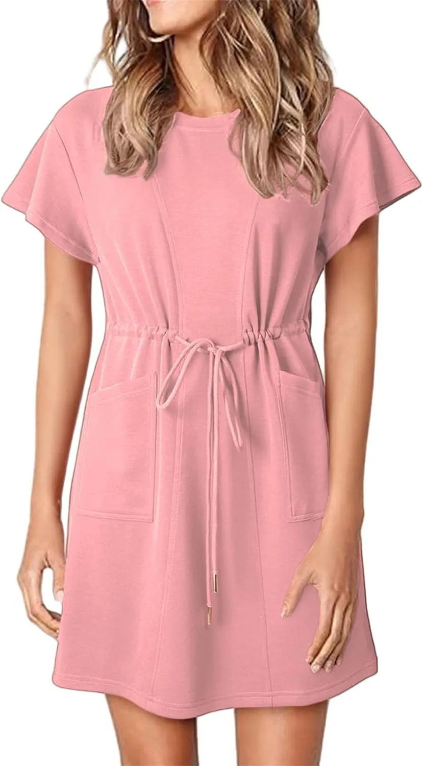Sundresses for Women Crewneck Short Sleeve Mini Dresses Drawstring Waist Tunic Dress Casual Loose Fit Dress 2025