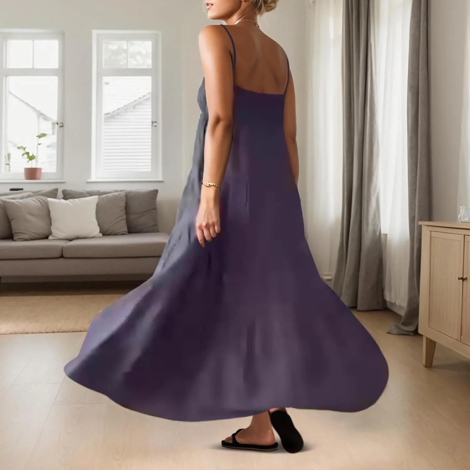 Sundresses for Women Spaghetti Strap Maxi Dresses Loose Fit The Waist Ruffle Dress Summer Beach Casual Dresses 2025