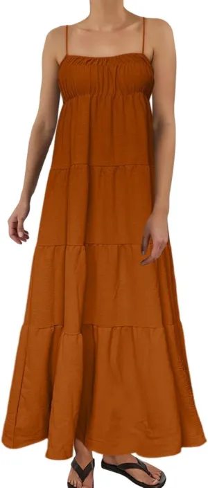 Sundresses for Women Spaghetti Strap Maxi Dresses Loose Fit The Waist Ruffle Dress Summer Beach Casual Dresses 2025