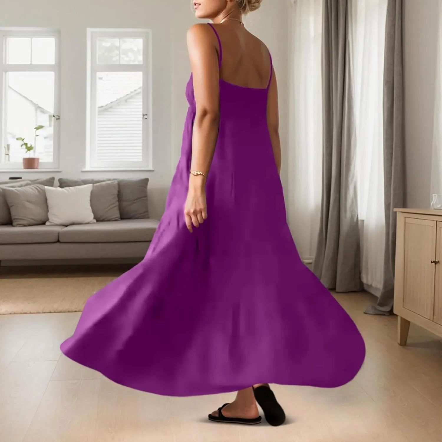 Sundresses for Women Spaghetti Strap Maxi Dresses Loose Fit The Waist Ruffle Dress Summer Beach Casual Dresses 2025