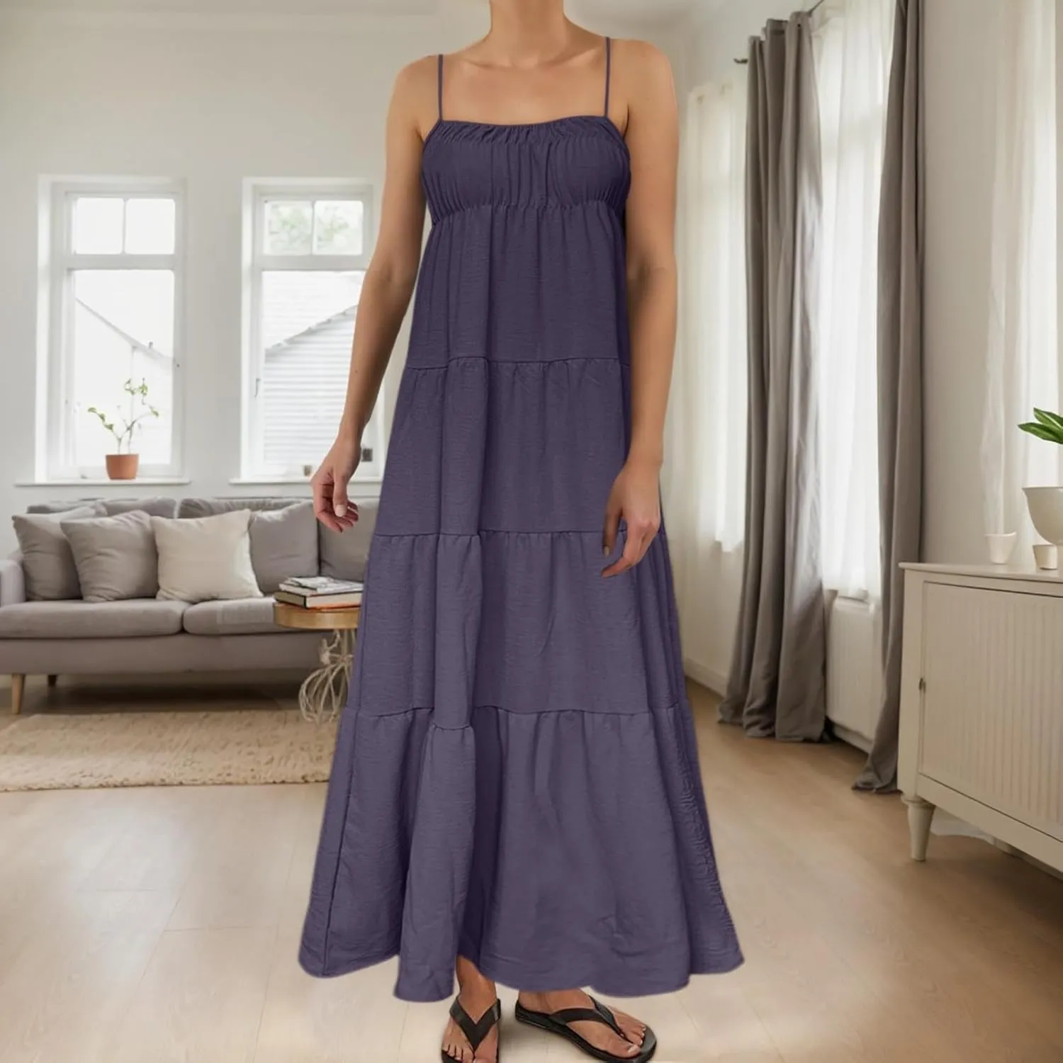 Sundresses for Women Spaghetti Strap Maxi Dresses Loose Fit The Waist Ruffle Dress Summer Beach Casual Dresses 2025