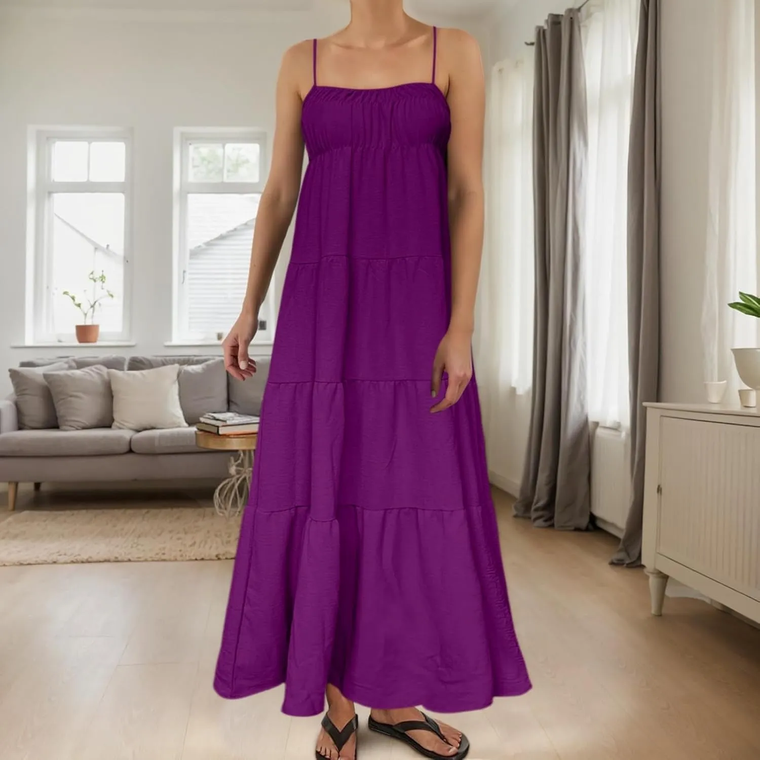 Sundresses for Women Spaghetti Strap Maxi Dresses Loose Fit The Waist Ruffle Dress Summer Beach Casual Dresses 2025