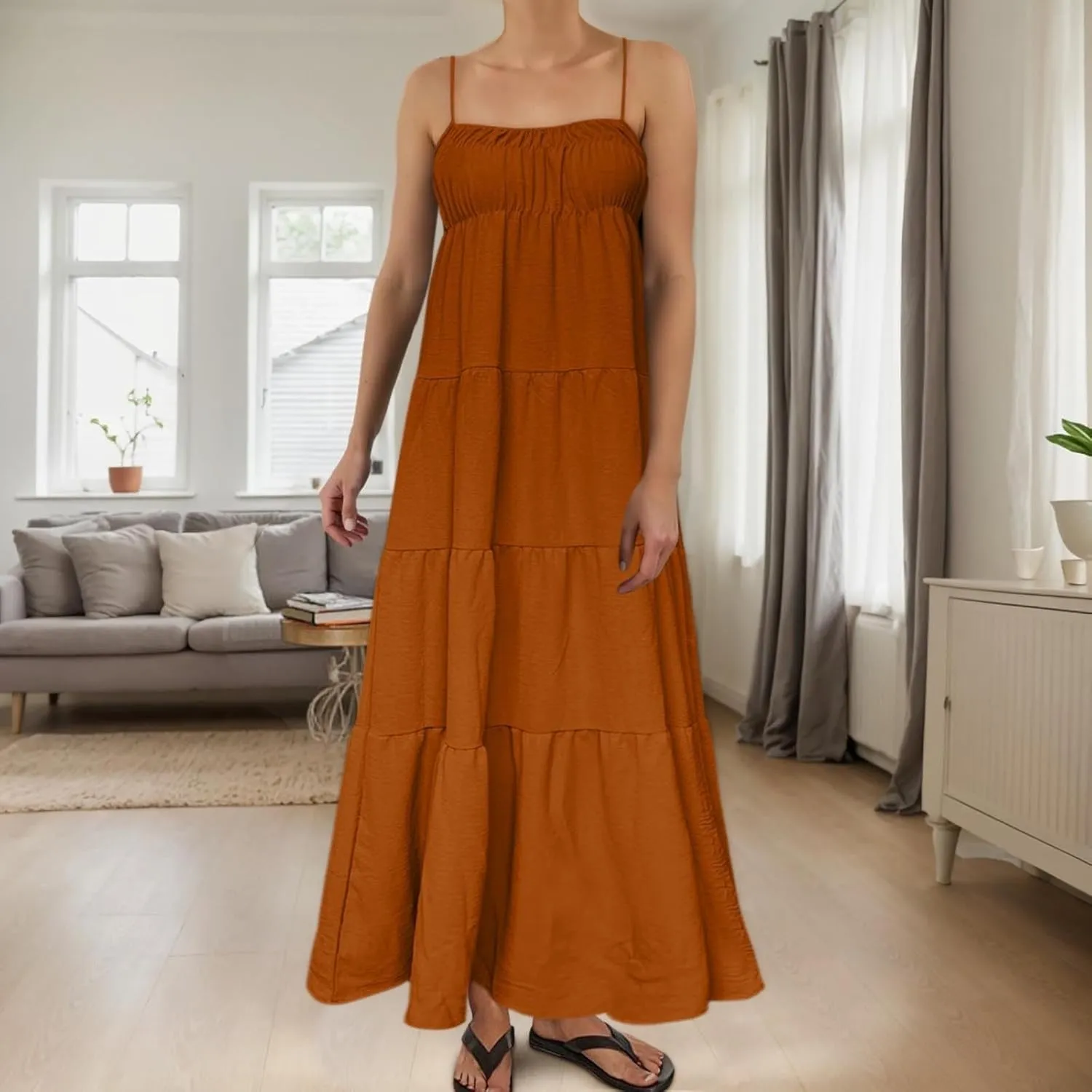 Sundresses for Women Spaghetti Strap Maxi Dresses Loose Fit The Waist Ruffle Dress Summer Beach Casual Dresses 2025